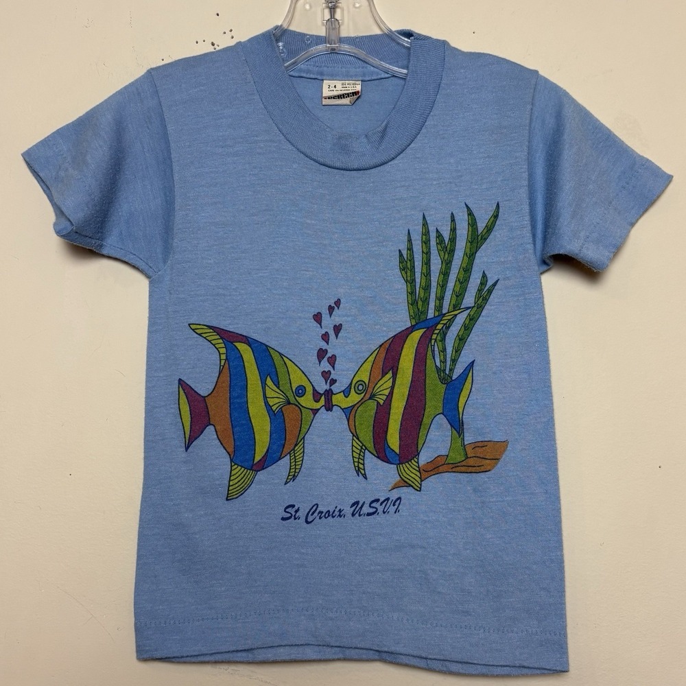 VTG Screen Stars Virgin Islands Tropical Fish Blue T-Shirt Made In USA 80